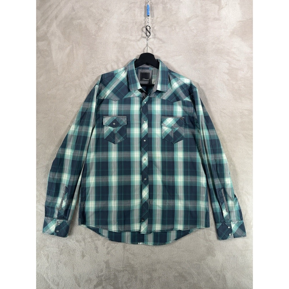 7 Diamonds Pearl Snap Button Down Shirt Mens XL Blue Green Plaid Western